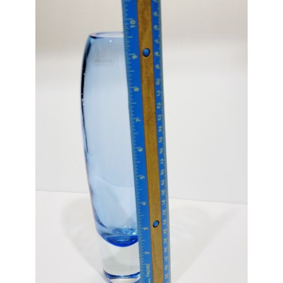 Blue Mouthblown 9.5" Heavy Art Glass Vase POLAND Barrel Oval - Picture 3 of 4